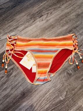 Becca Swim Horizon Emily Bikini Bottom Rebecca Virtue side ties wood beads NWT S